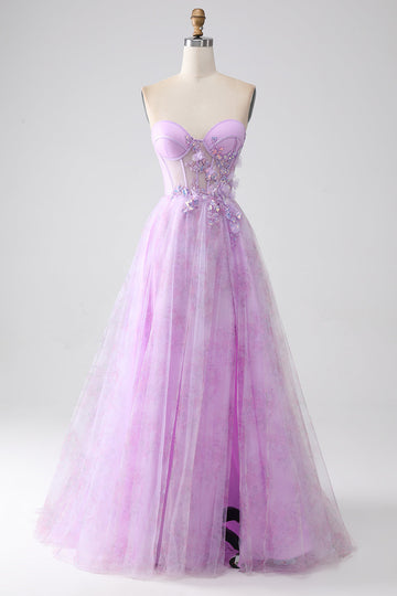 Lavanda stampato senza spalline Corsetto vestito da ballo con perline
